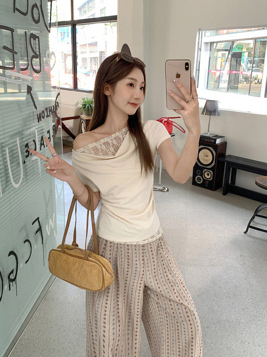 Korean Style Lace Stitching Swing Collar Off-shoulder Short Sleeve T-shirt  Short sleeve t-shirts Sculptify™