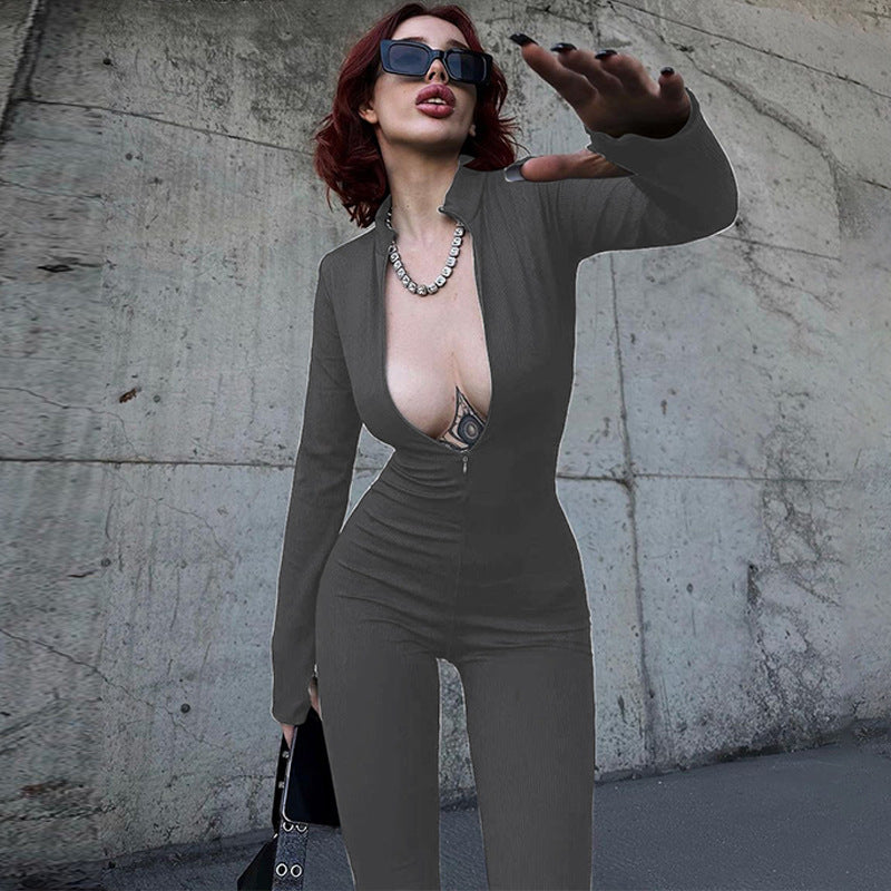 Women's Fashion Personality Chest Zipper Slim-fit Long-sleeved Stretch Bottoming Jumpsuit - Sculptify™