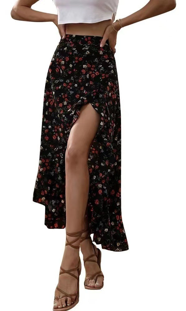 Stylish Ruffle & Side Slit Printed Skirt