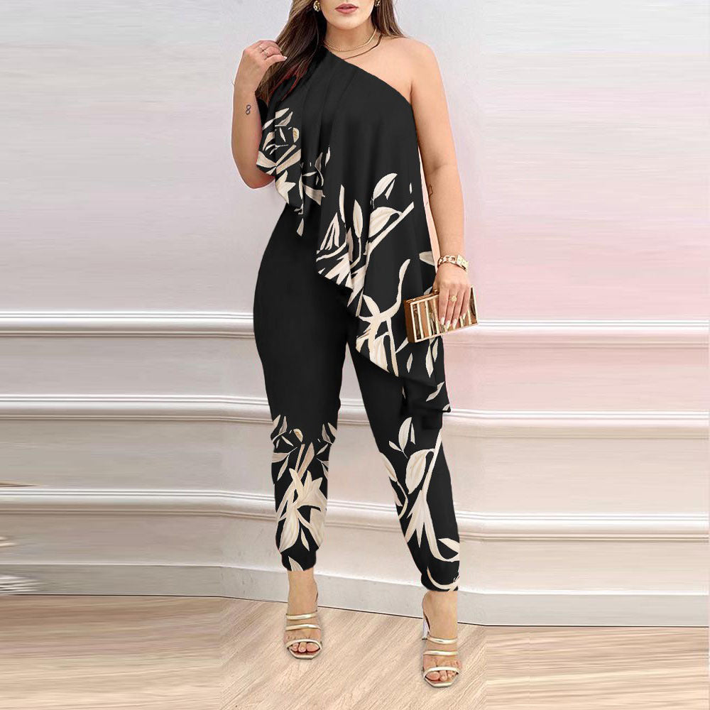 Printed One-shoulder Ruffled Jumpsuit - Sculptify™