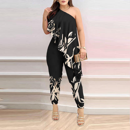 Printed One-shoulder Ruffled Jumpsuit - Sculptify™