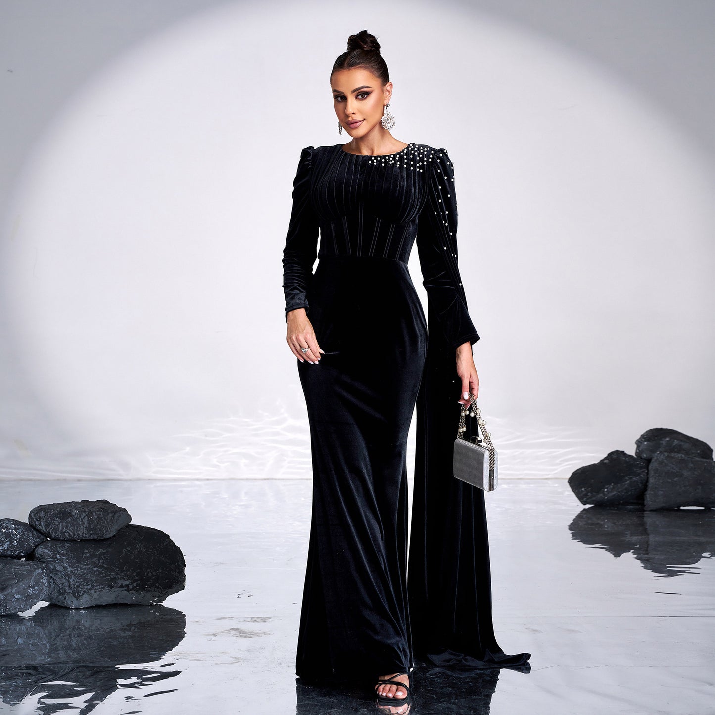 Velvet Round Neck Long Sleeve Rhinestone Evening Dress - Sculptify™