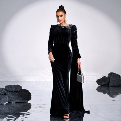 Velvet Round Neck Long Sleeve Rhinestone Evening Dress - Sculptify™