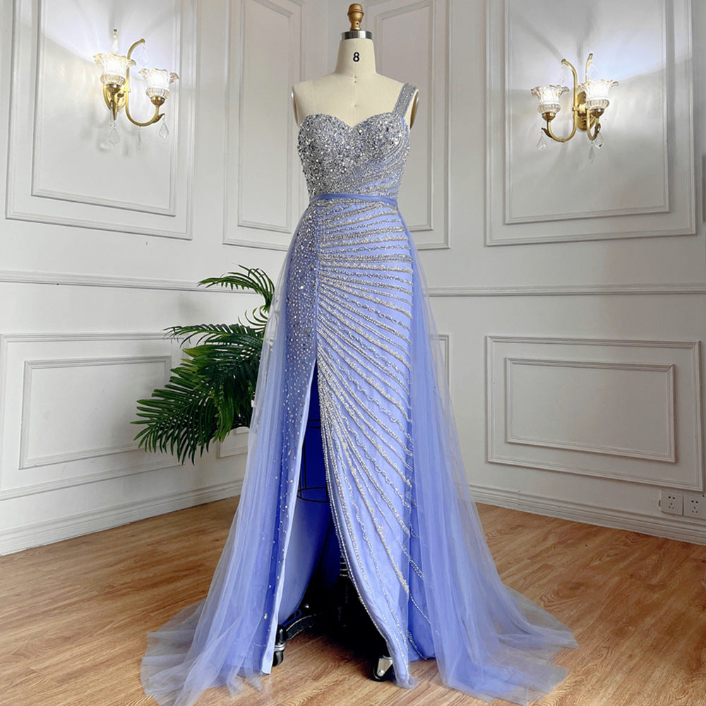 Blue Handmade Beaded Split Shoulder Fishtail Dress - Sculptify™