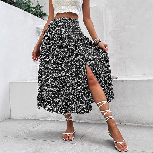 Elegant American Floral Split Midi Skirt