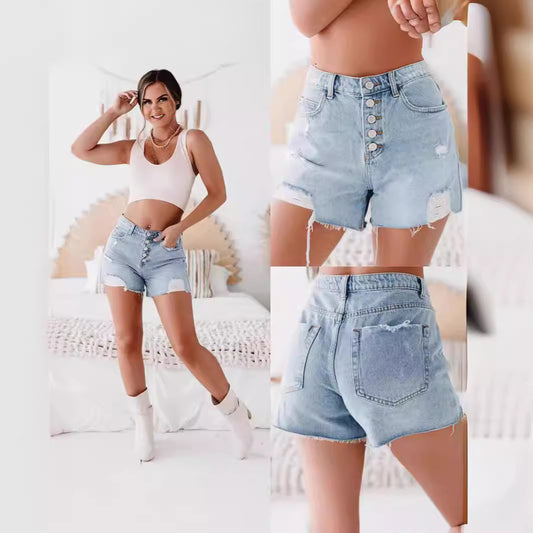 Edgy Water-Washed Distressed Jean Shorts