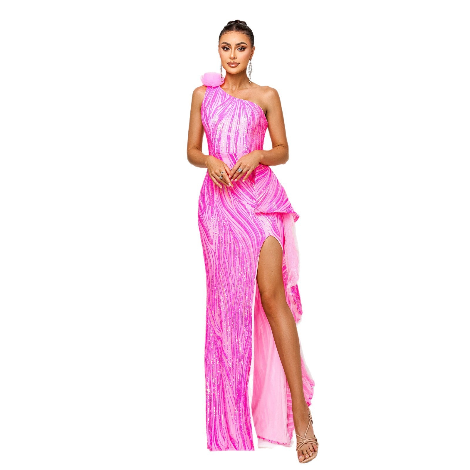 One-shoulder Diagonal Collar Sequined Slit Evening Dress - Sculptify™