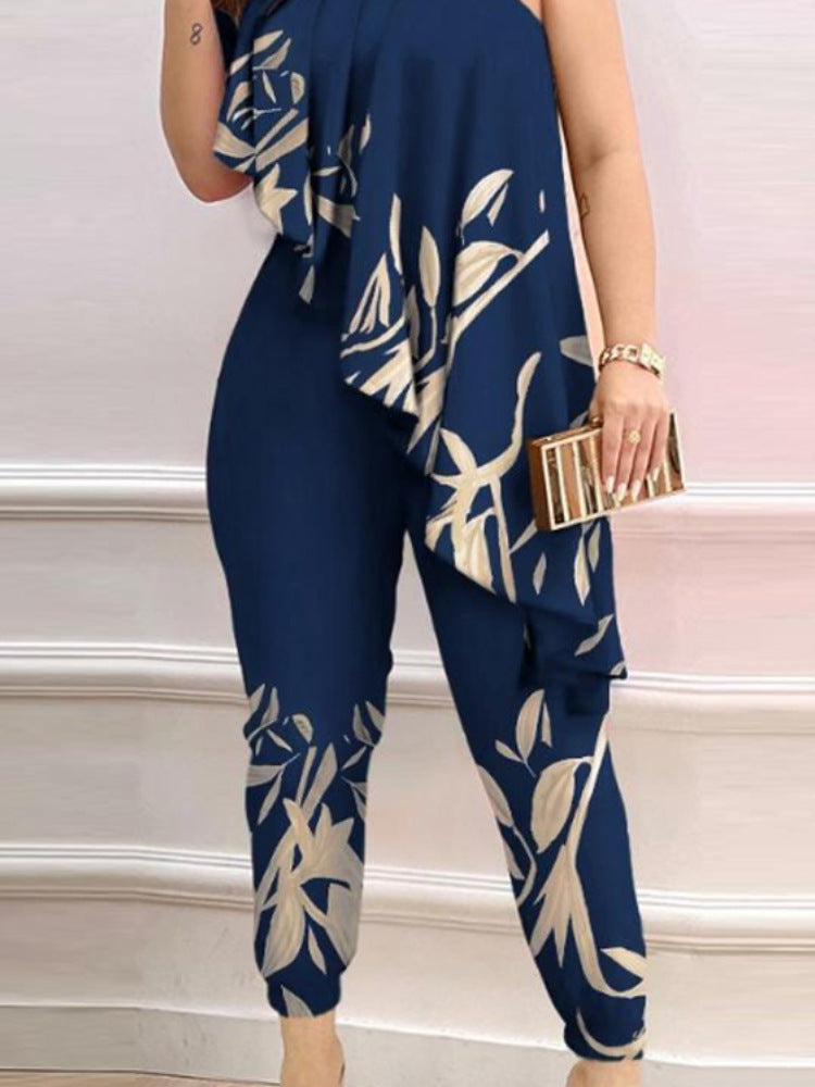 Printed One-shoulder Ruffled Jumpsuit - Sculptify™