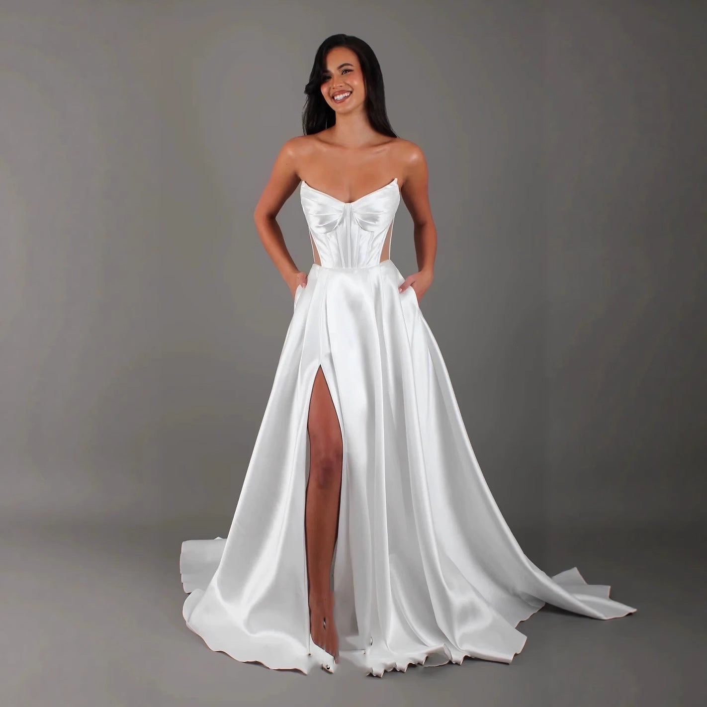 White Satin Slit Pocket Bandage Wedding Dress - Sculptify™