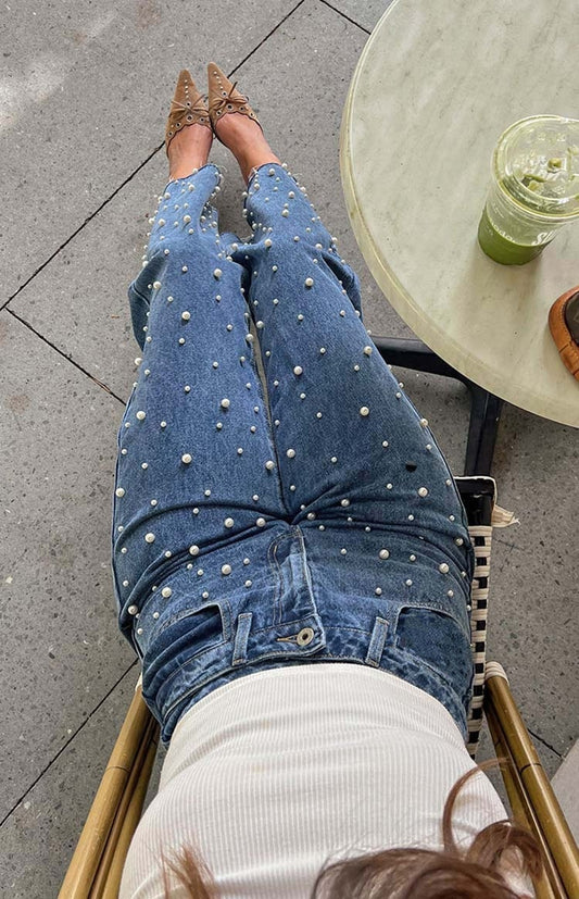 ObliqueGlam Beaded Straight Jeans