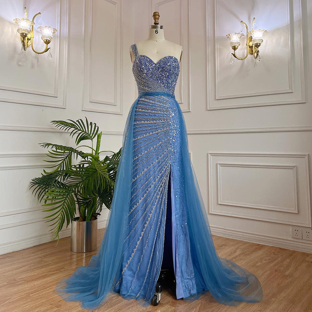 Blue Handmade Beaded Split Shoulder Fishtail Dress - Sculptify™