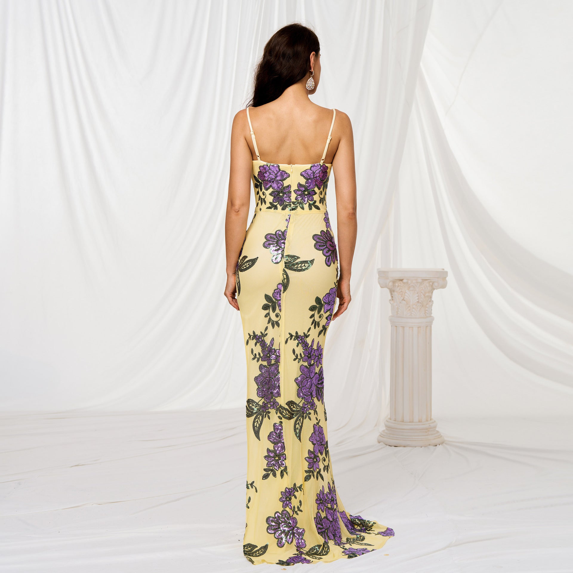V-neck Brace Slim-fit Sheath Sequined Slit Evening Dress - Sculptify™