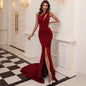 Wine Red Annual Meeting Dress Sleeveless One-shoulder Solid Color Small Tail - Sculptify™