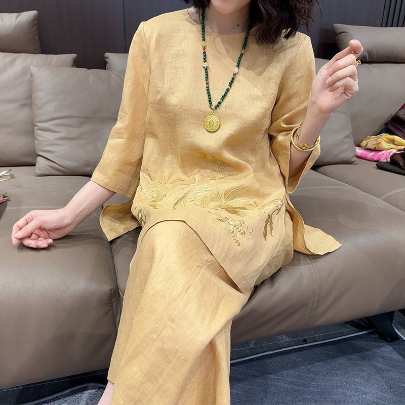 Womens Two-Piece Set New Chinese-Style 34-Sleeve Top With Wide-Leg Pants - Sculptify™