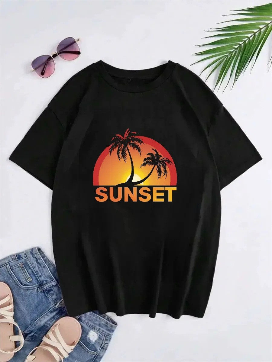 Hong Kong Style Sunset Pattern Printed Short-sleeved T-shirt  Short sleeve t-shirts Sculptify™