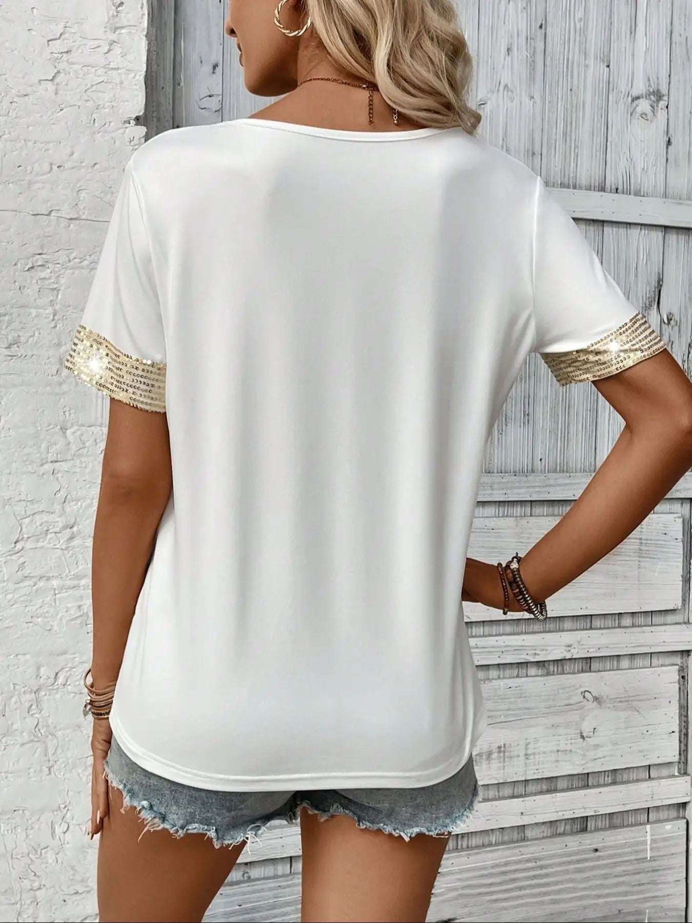 Pocket V-neck Patchwork Top T-shirt Casual T Short Sleeve  Short sleeve t-shirts Sculptify™
