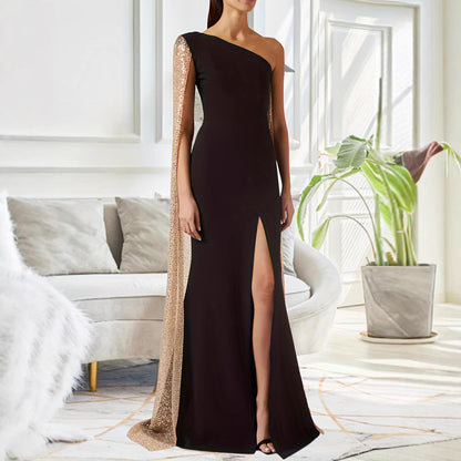 One-shoulder Cloak Slit Black Dress - Sculptify™