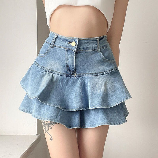 Classic Retro Double-Layer Denim Skirt