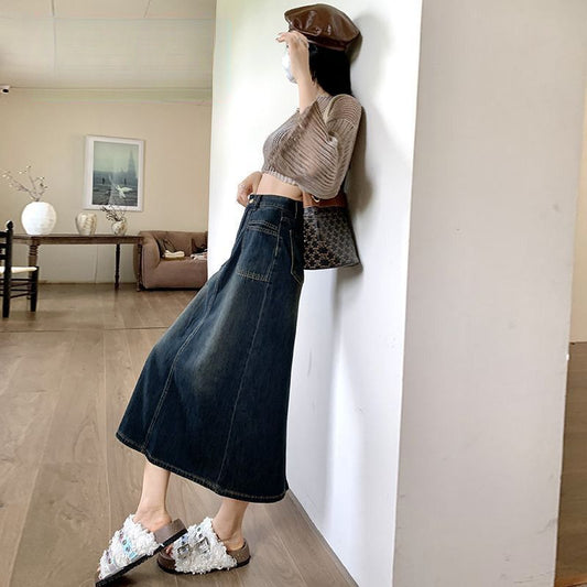 Trendy Three-Quarter High-Waist Denim Skirt