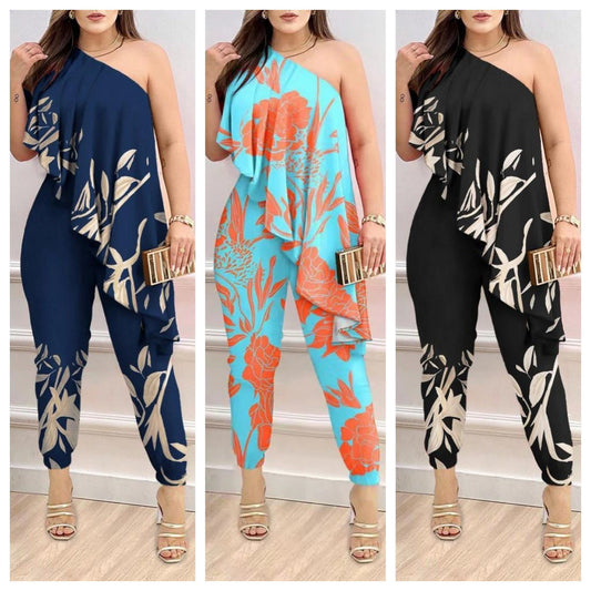 Printed One-shoulder Ruffled Jumpsuit - Sculptify™