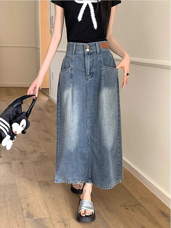 Medium-Length High Waist Retro Denim Skirt