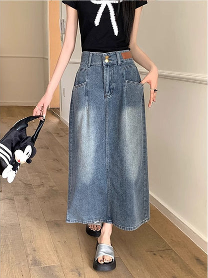Medium-Length High Waist Retro Denim Skirt