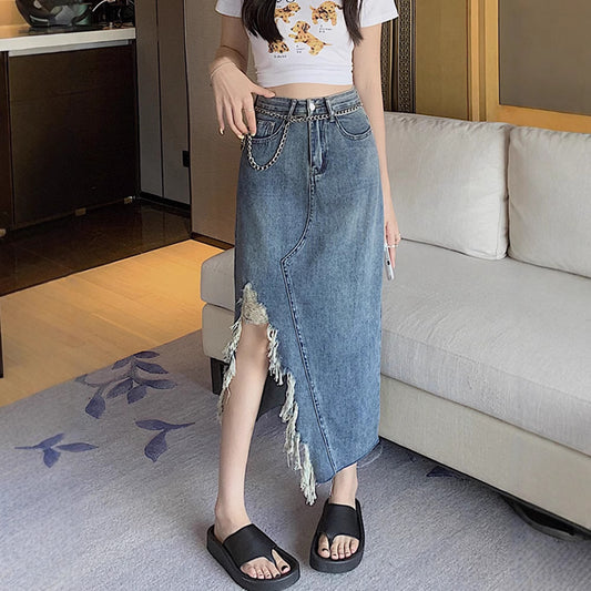 Summer Retro Irregular Slit Denim Skirt