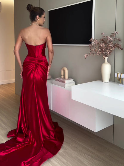 Tube Top Slit Red Extra Long Evening Dress - Sculptify™