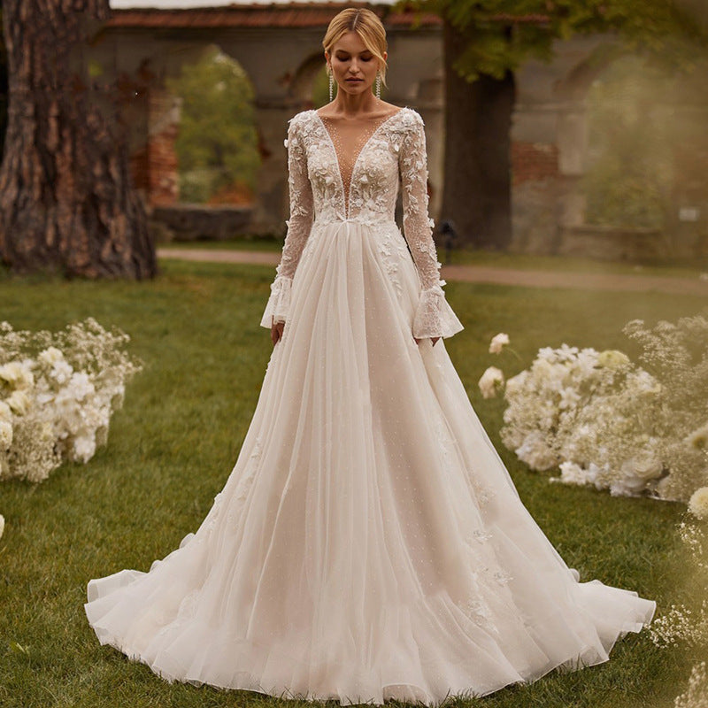 Sexy See-through Wedding Long Sleeve Embroidered Deep V Puffy Wedding Dress - Sculptify™