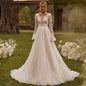 Sexy See-through Wedding Long Sleeve Embroidered Deep V Puffy Wedding Dress - Sculptify™