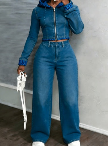 Color-blocking Leopard Print Spliced Denim Hooded Cropped Top Wide-leg Pants Two-piece Set - Sculptify™