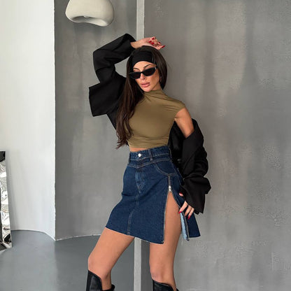 Casual Zipper Detail Slit Denim Skirt