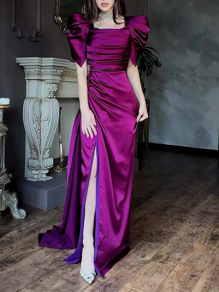 Elegant Puff Sleeve Pleated Slit Maxi Dress - Sculptify™
