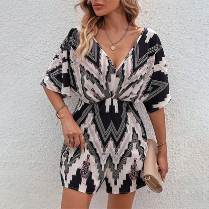 Women's Printed V-neck One-piece Sleeve Loose Jumpsuit - Sculptify™