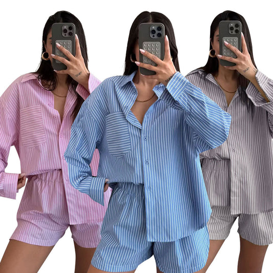 Striped Cardigan And Long-Sleeve Womens Shirt Set - Sculptify™