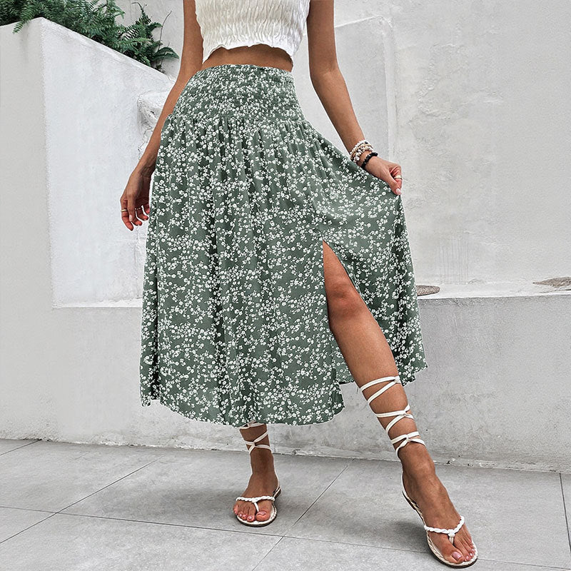 Elegant American Floral Split Midi Skirt