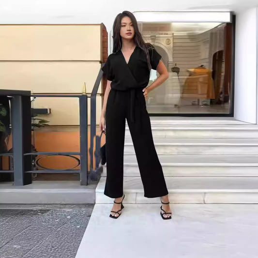 Women's Short-sleeved V-neck Pocket Jumpsuit - Sculptify™
