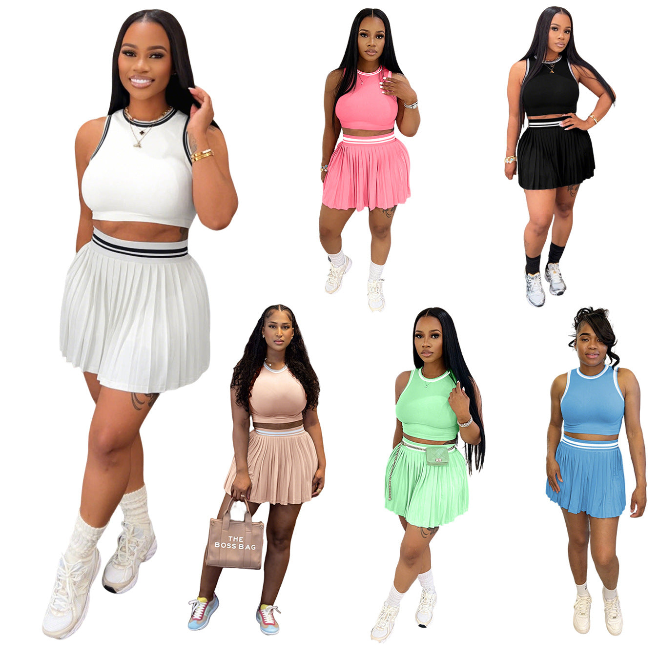 Sleeveless Cropped Tank Top And Casual Pleated Skirt Set - Sculptify™