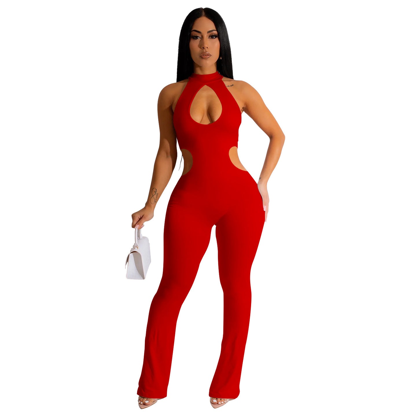 Women's Solid Color Sexy Halter Hollow-out Jumpsuit - Sculptify™