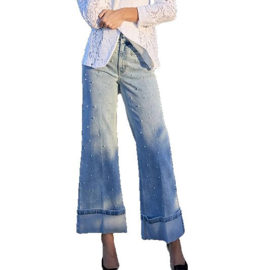 Stylish Curl Hem Beaded Jeans