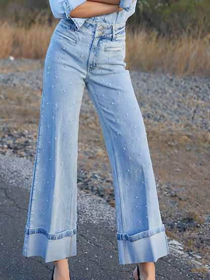 Stylish Curl Hem Beaded Jeans