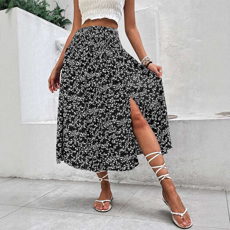 Elegant American Floral Split Midi Skirt