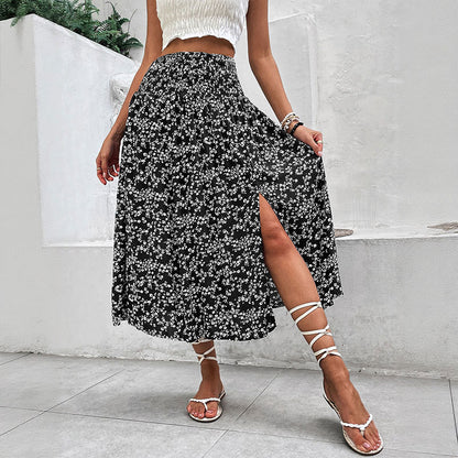 Elegant American Floral Split Midi Skirt