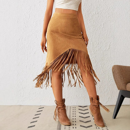 Minimalist Solid Asymmetric Fringe Skirt