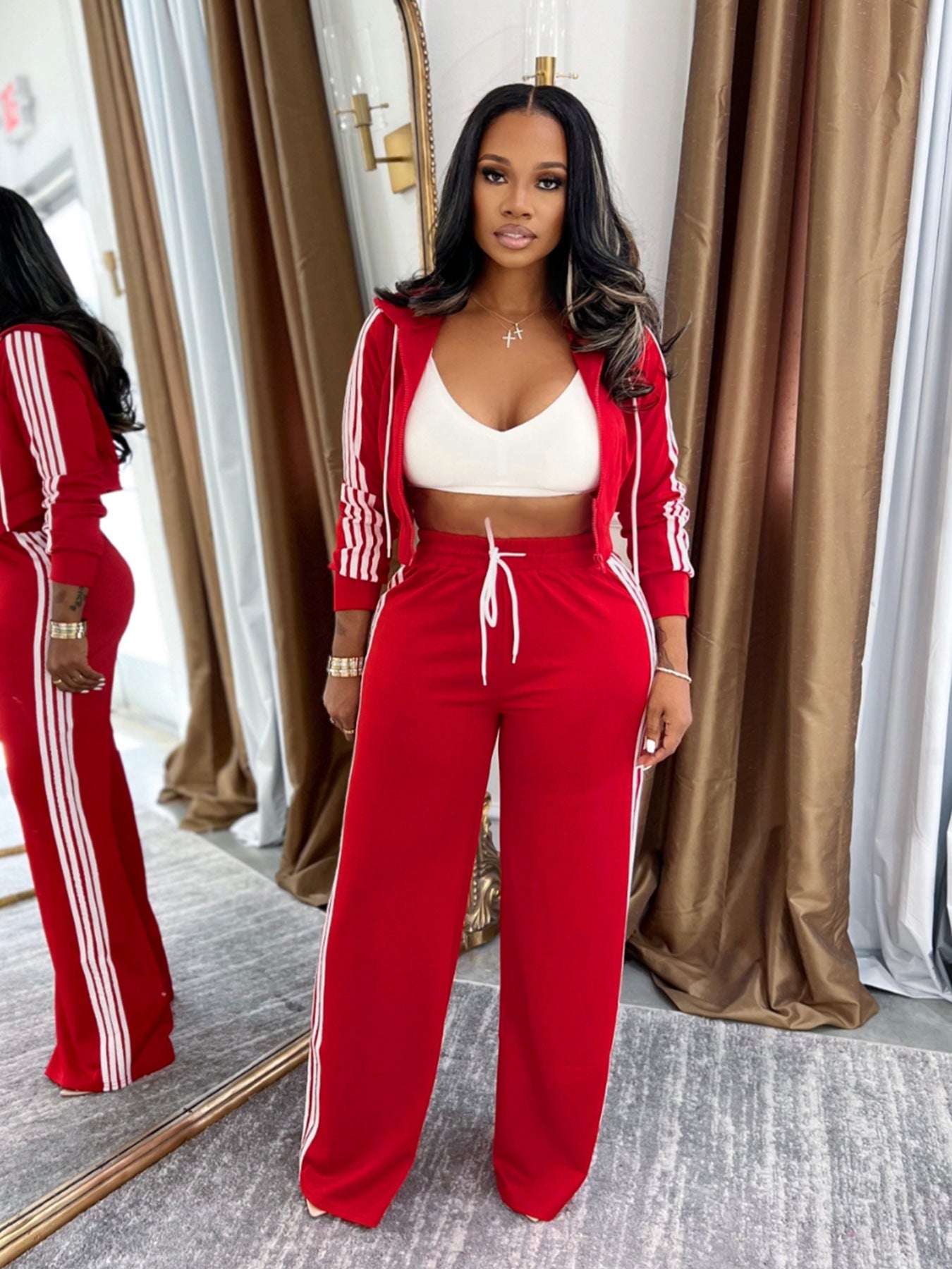 Womens Fashionable Casual Striped Outerwear Set  Sets Sculptify™