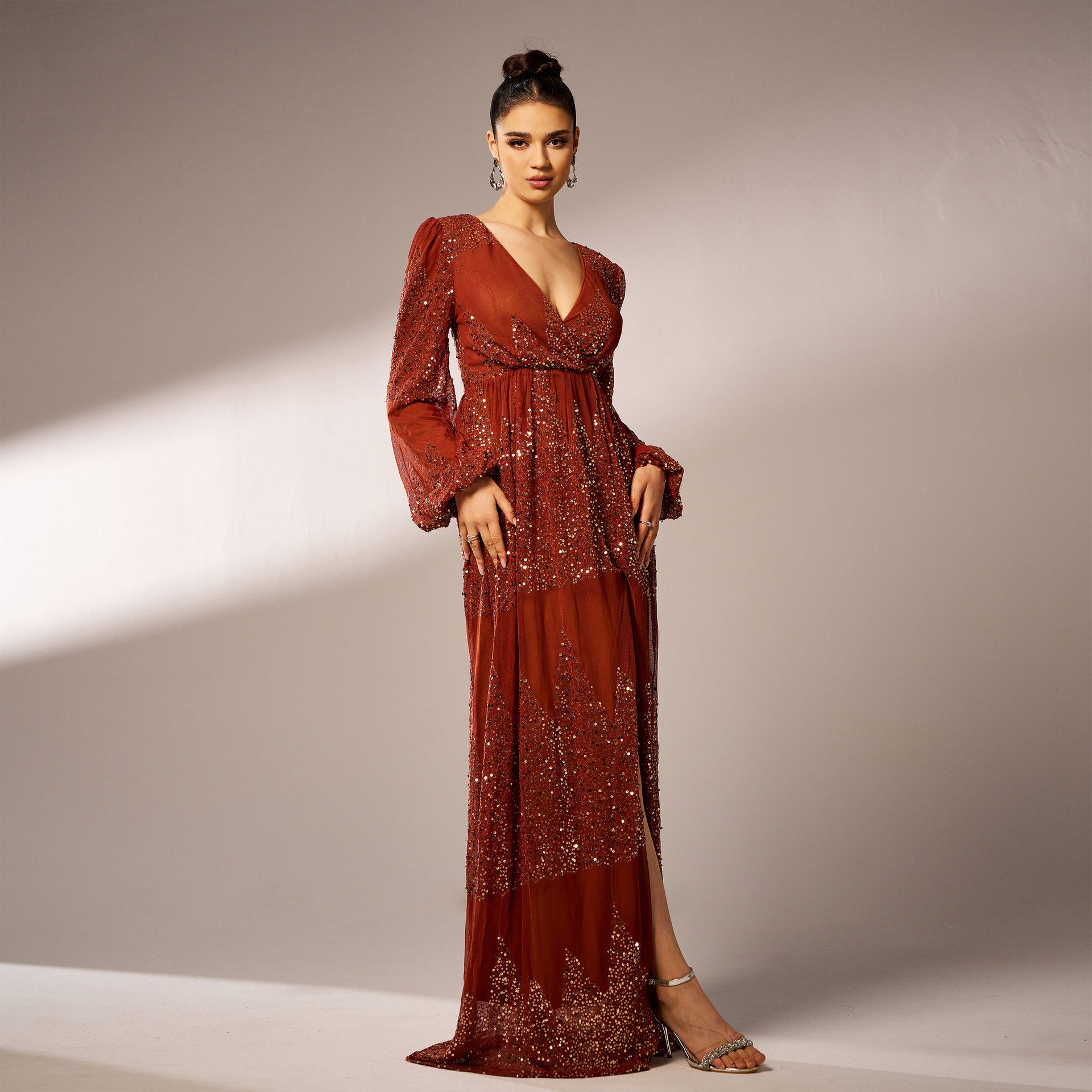 Long Sleeve V-neck Sexy Long Sequined Evening Dress - Sculptify™