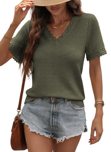 Womens V-neck Casual Waffle-knit Lace-panel Short-sleeve Top  Short sleeve t-shirts Sculptify™