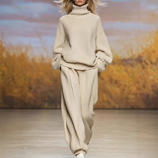 Knitted Loose Fitting Turtleneck And Wide Leg Pants Set - Sculptify™