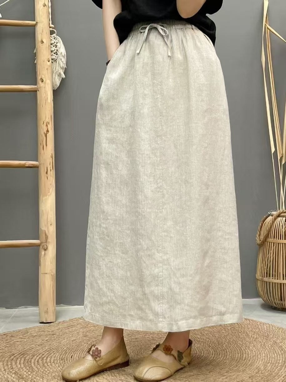 High-Waist Lace-Up Linen Pencil Skirt