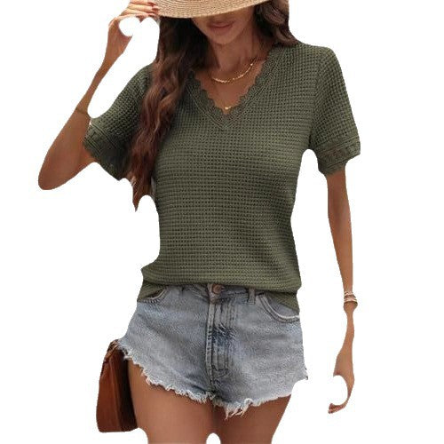 Womens V-neck Casual Waffle-knit Lace-panel Short-sleeve Top  Short sleeve t-shirts Sculptify™